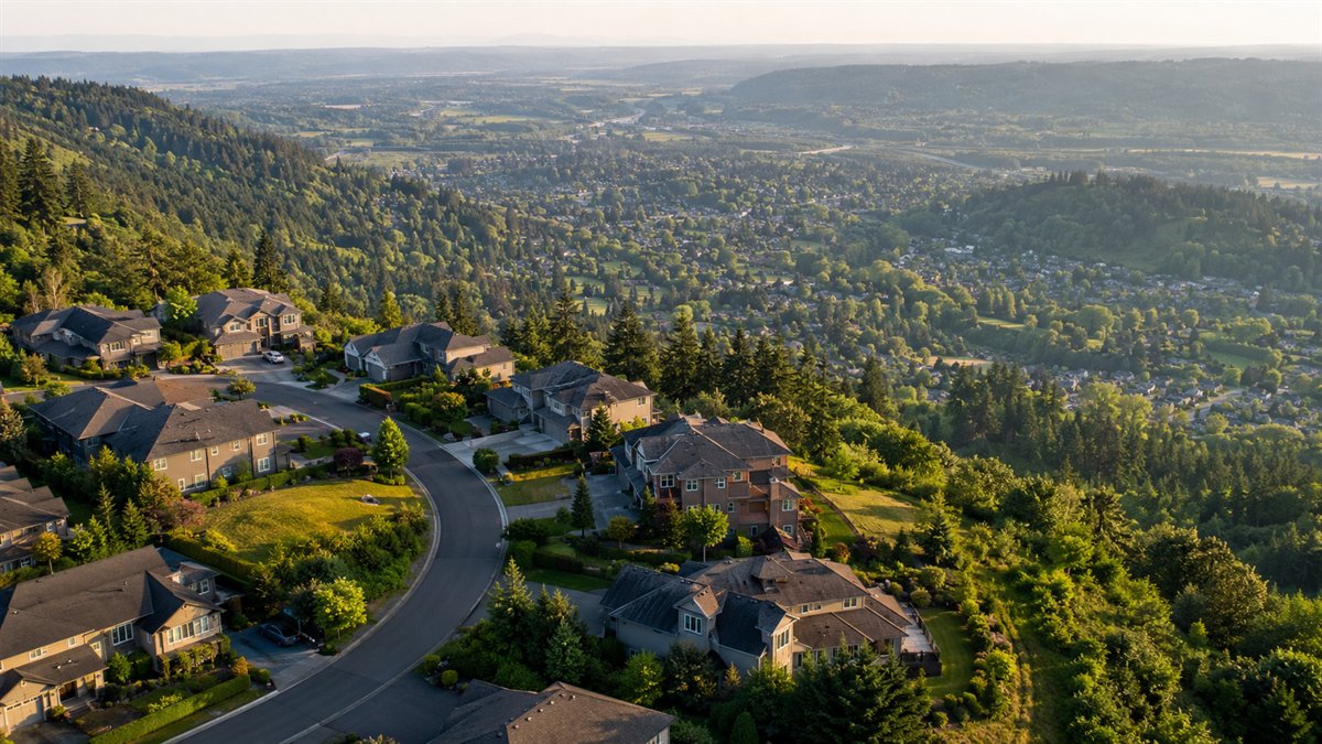 Aerial photo of Lakeland Hills homes in Auburn with valley views