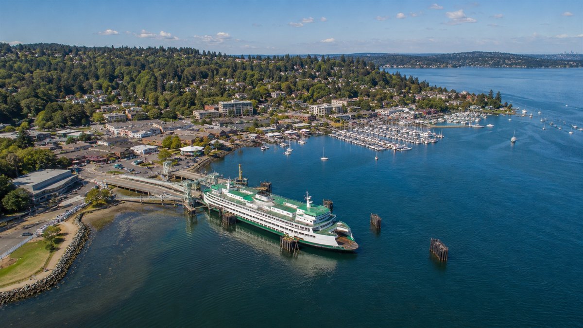 Aerial photo of Eagle Harbor and Winslow with the Bainbridge Island ferry terminal