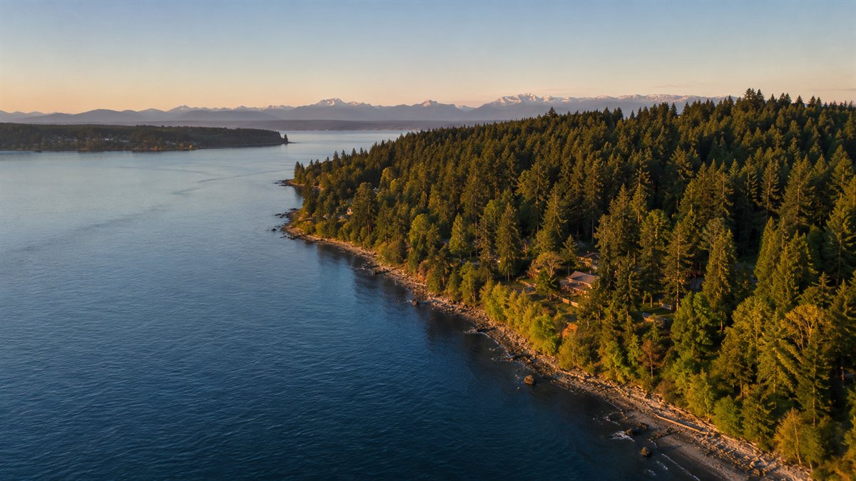 Aerial photo of the Bainbridge Island shoreline along Puget Sound