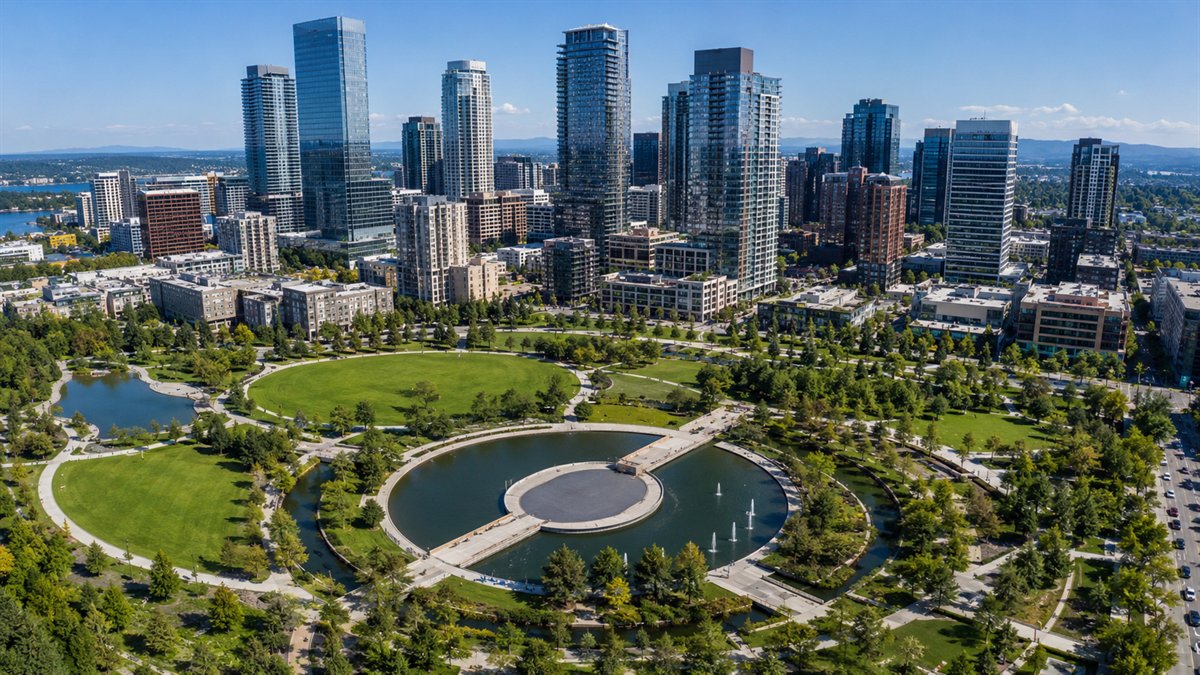 Aerial photo of Downtown Bellevue Park and the high-rise skyline