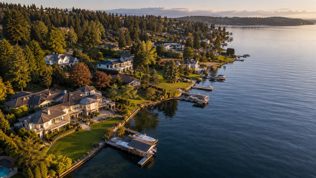 Aerial photo of Medina and Clyde Hill lakefront estates on Lake Washington