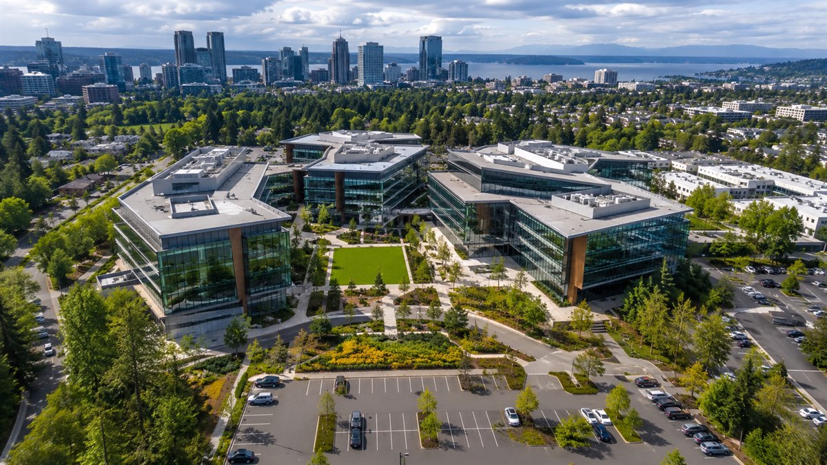 Aerial photo of a Bellevue corporate tech campus