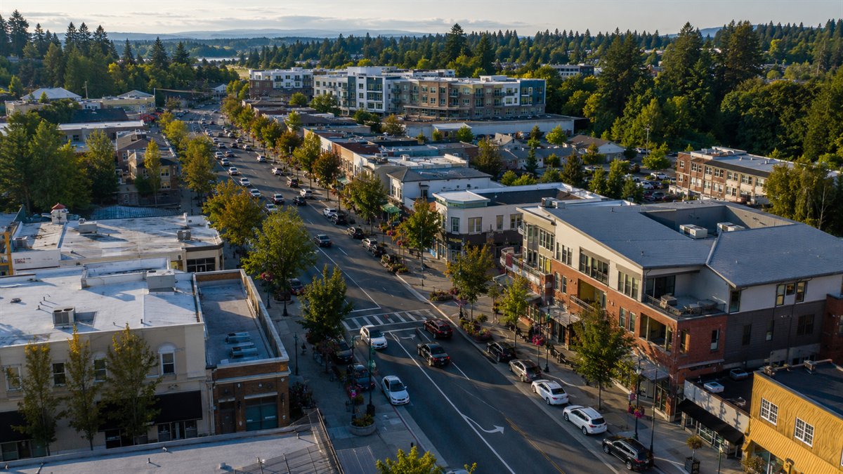 Aerial photo of revitalized downtown Bothell and Main Street