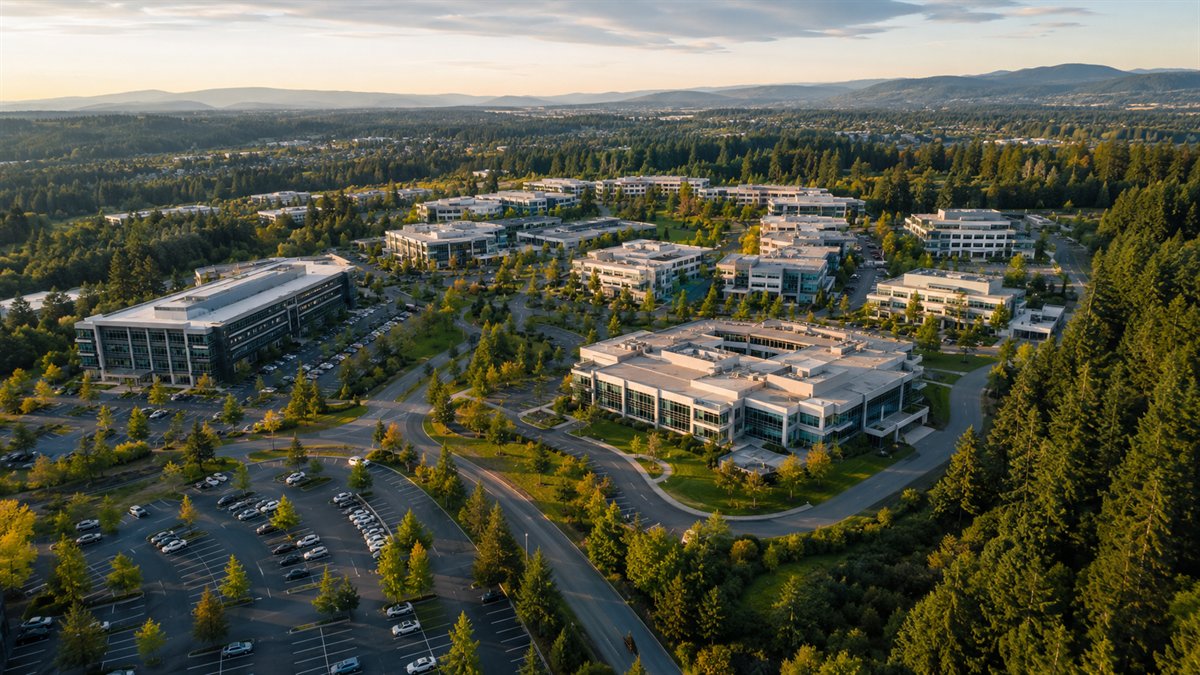 Aerial photo of the Canyon Park business and tech campuses in Bothell