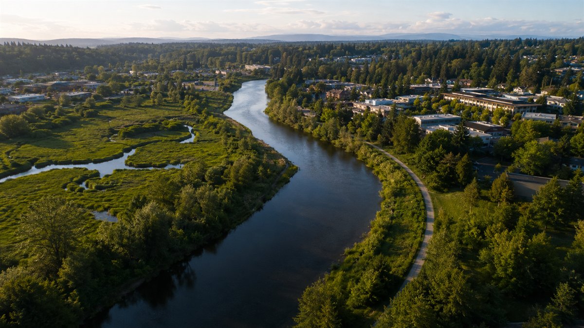 Aerial photo of the Sammamish River and North Creek greenbelt in Bothell