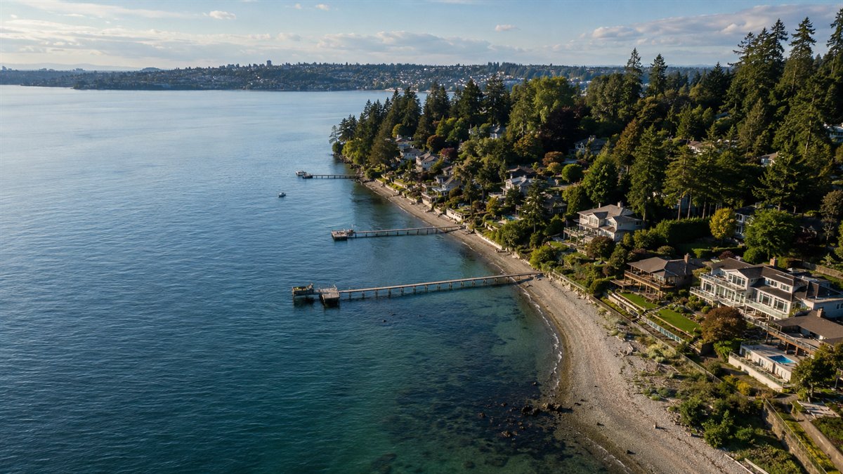 Aerial photo of Three Tree Point waterfront homes in Burien