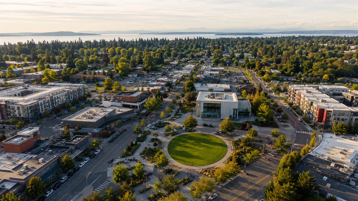 Aerial photo of downtown Burien Town Square