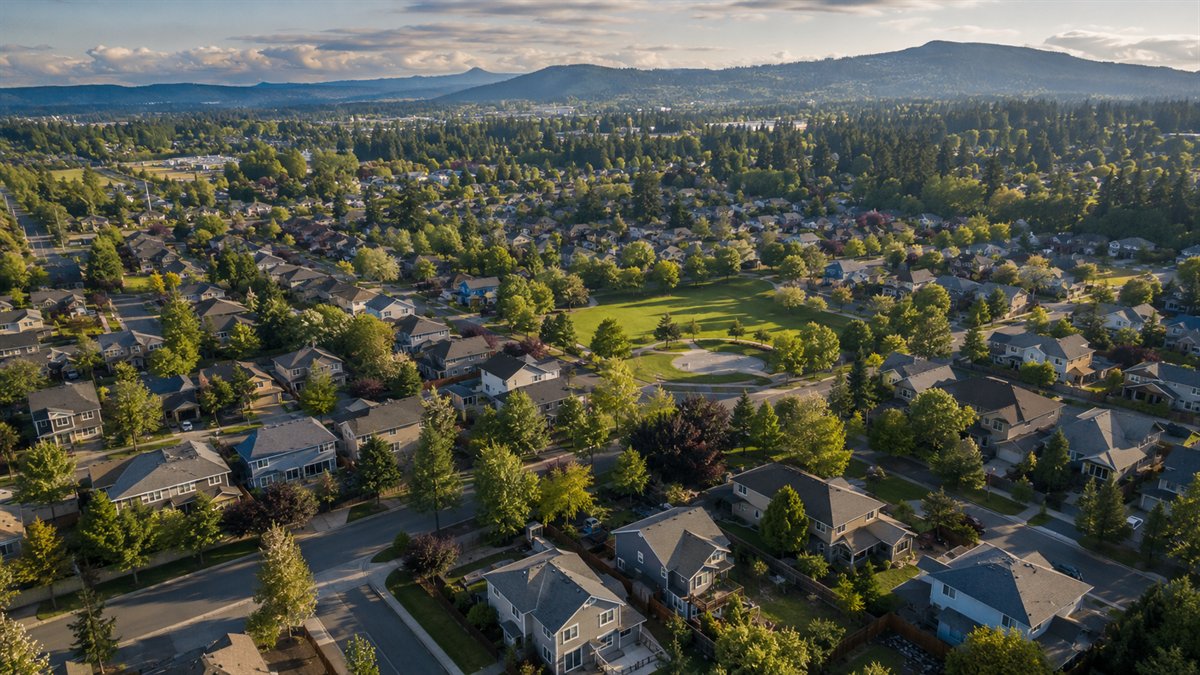 Aerial photo of Covington residential neighborhoods with Mount Rainier beyond