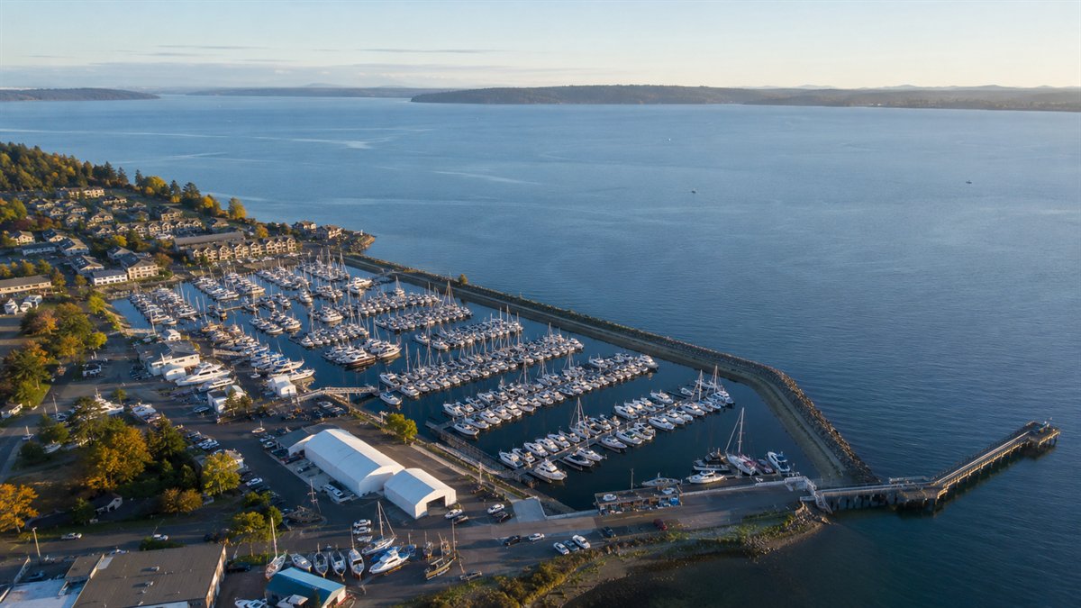 Aerial photo of the Des Moines Marina on Puget Sound