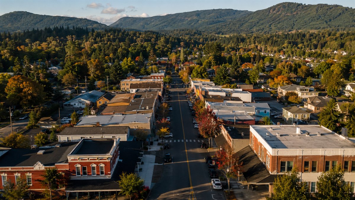 Aerial photo of historic downtown Duvall and Main Street