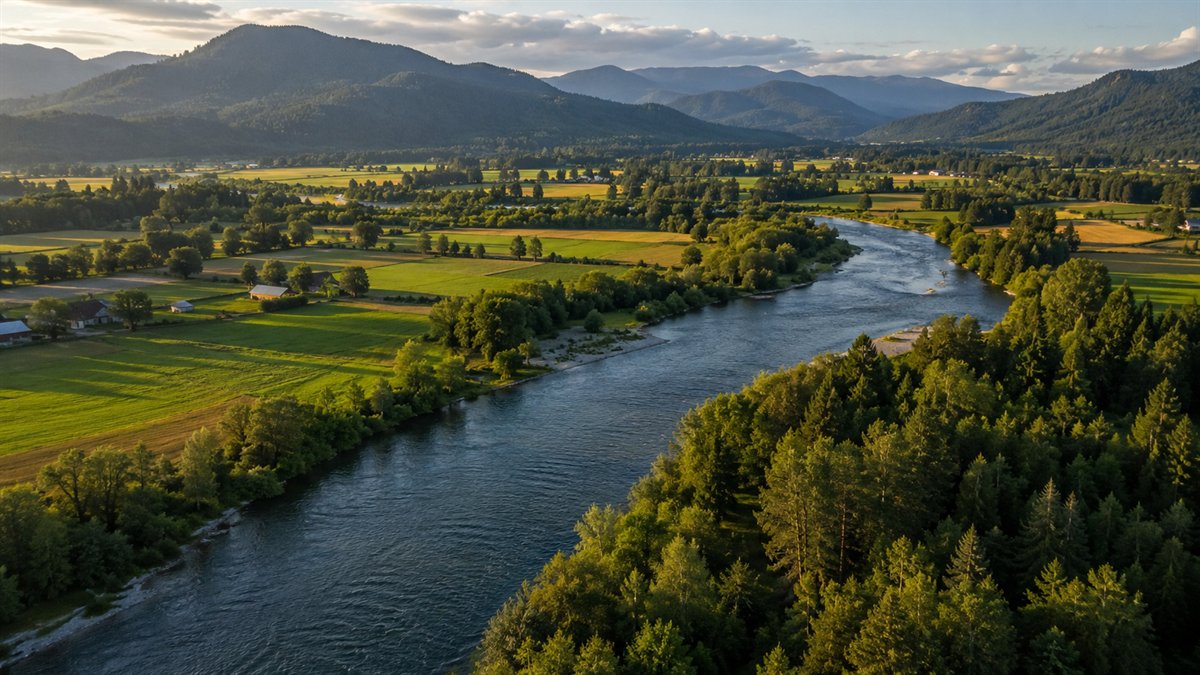 Aerial photo of the Snoqualmie River and valley farmland near Duvall