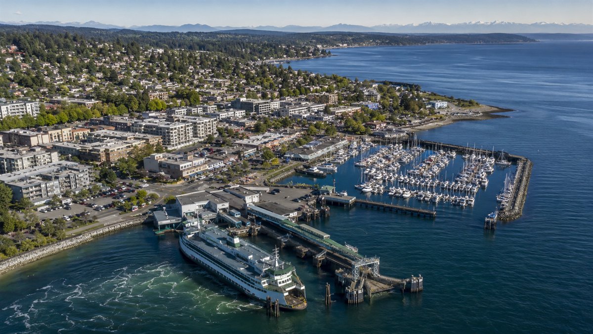 Aerial photo of the downtown Edmonds waterfront, ferry and marina