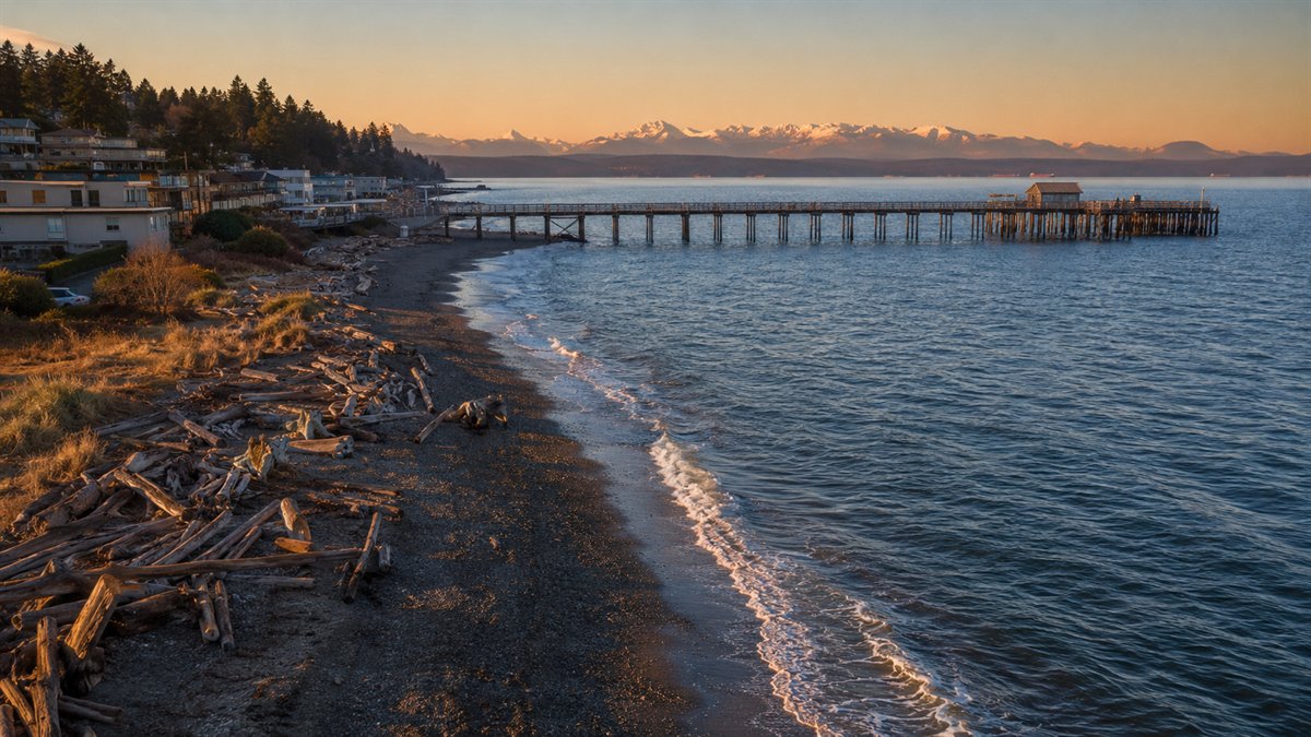 Aerial photo of an Edmonds beach and fishing pier with the Olympic Mountains
