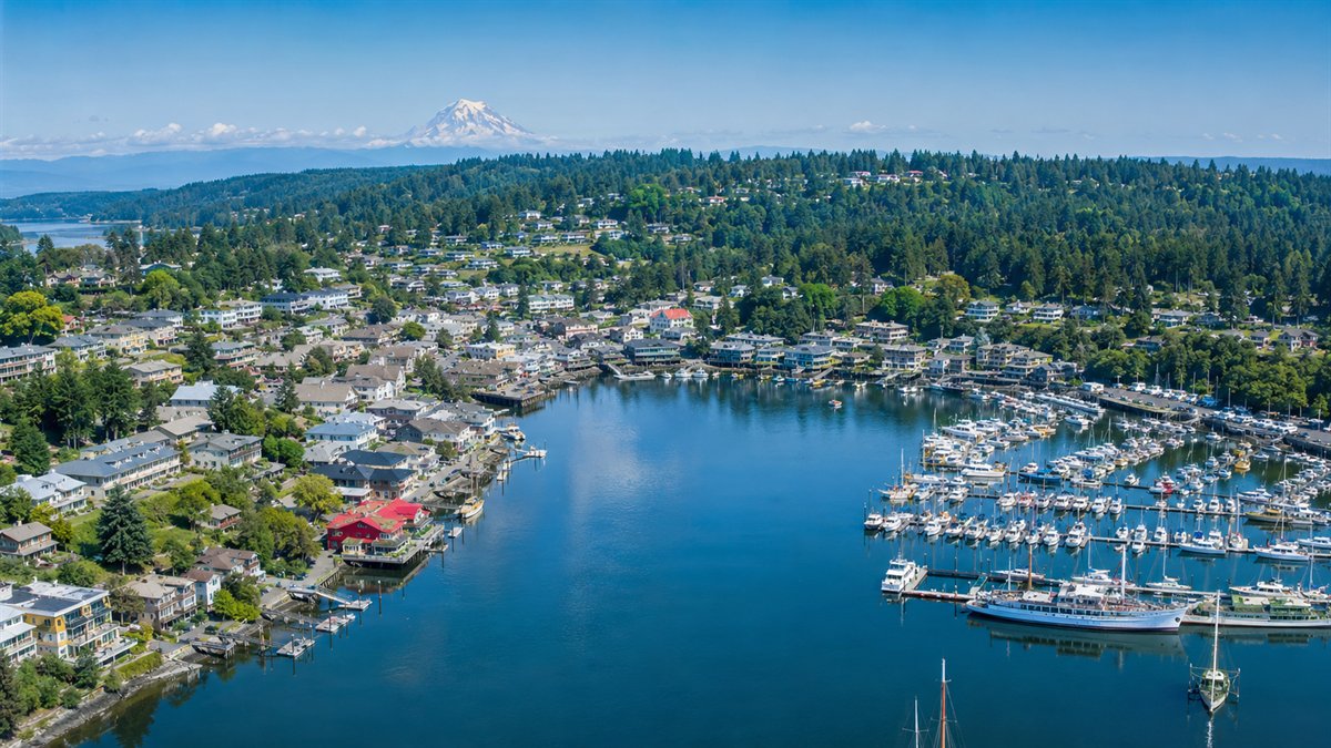 Aerial photo of Gig Harbor bay and marina full of boats with Mount Rainier