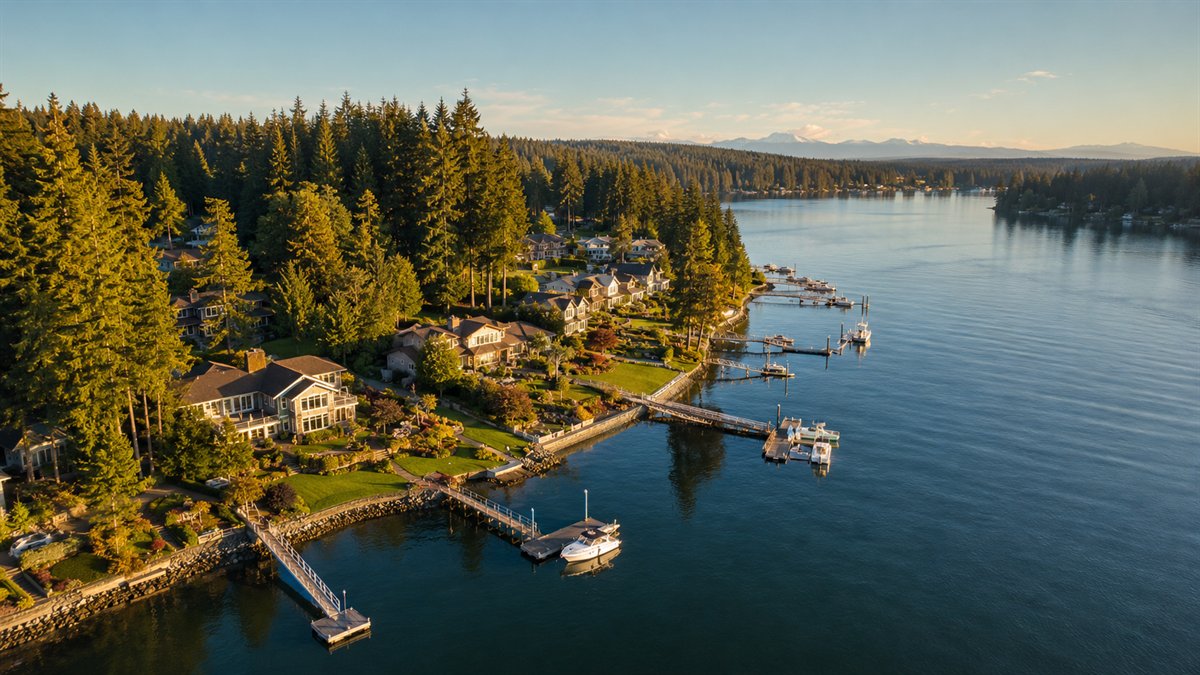 Aerial photo of Gig Harbor waterfront homes and private docks
