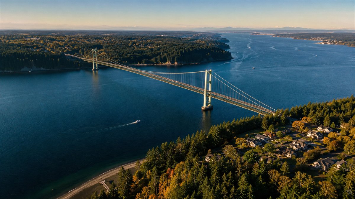 Aerial photo of the Tacoma Narrows Bridge from the Gig Harbor side