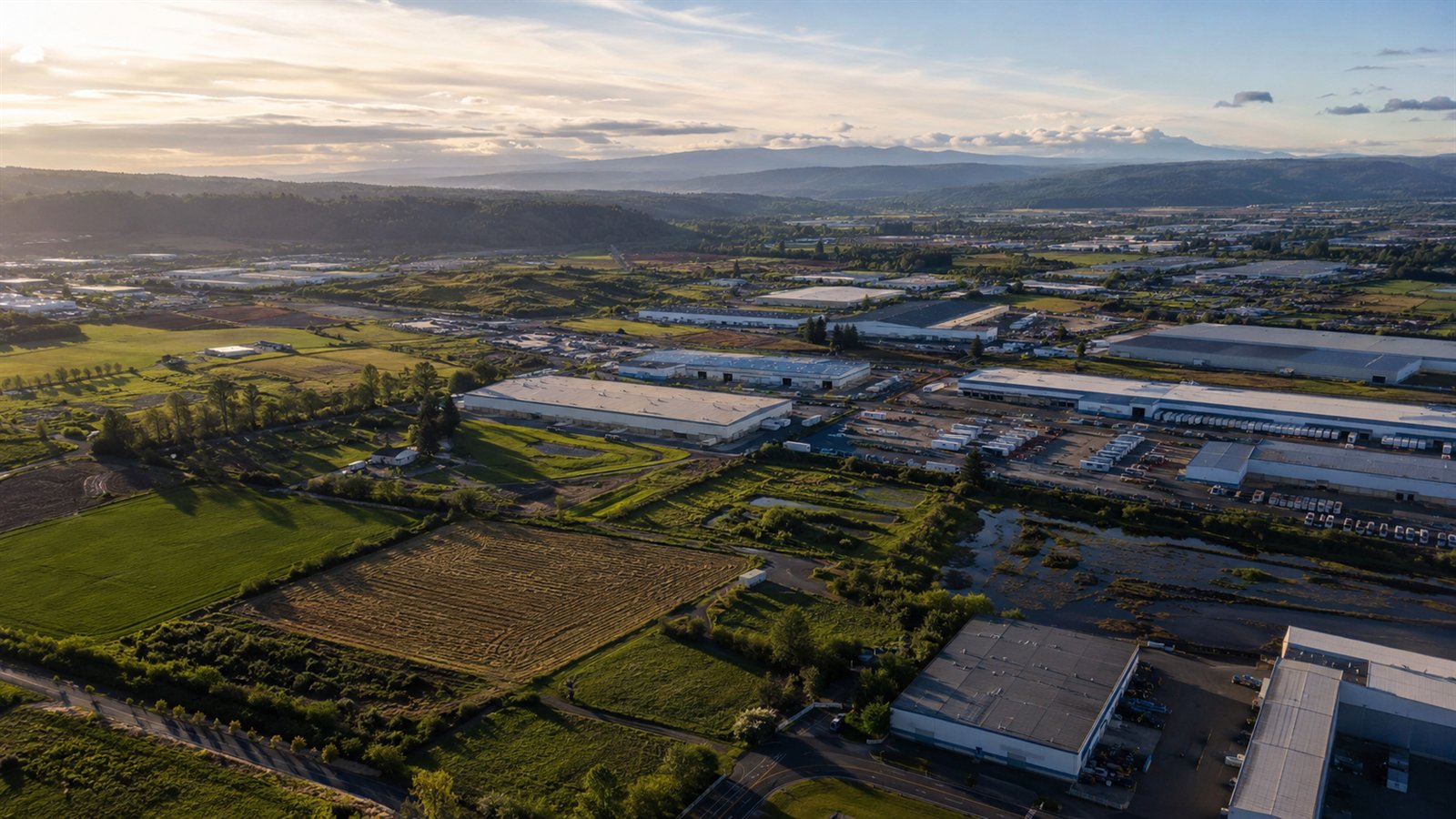 Aerial drone view of the Green River Valley in Auburn with warehouses and Mount Rainier
