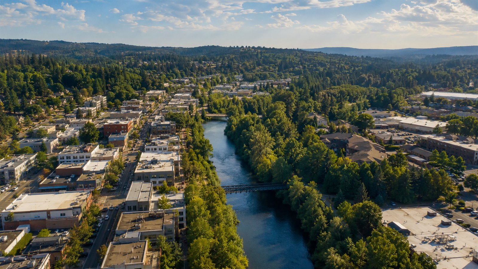 Aerial drone view of downtown Bothell and the Sammamish River valley