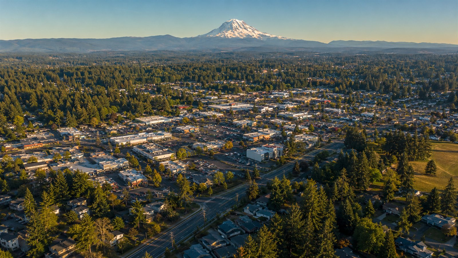 Aerial drone view of suburban Covington with Mount Rainier in the distance