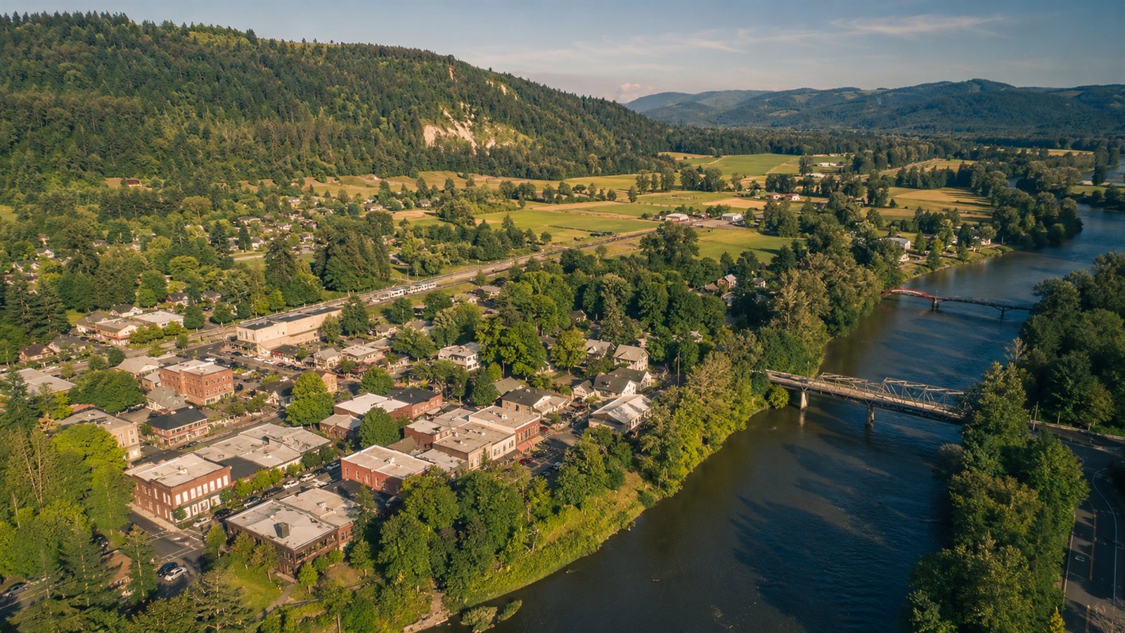 Aerial drone view of Duvall in the Snoqualmie Valley with the river and farmland