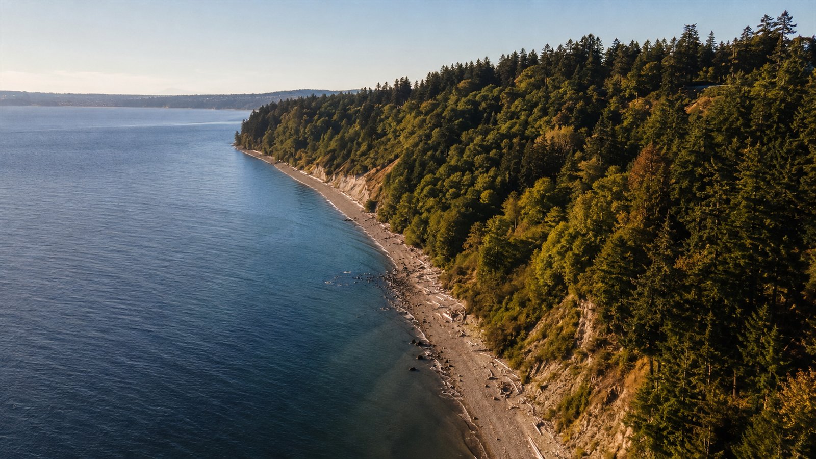 Aerial drone view of the Federal Way shoreline at Dash Point on Puget Sound