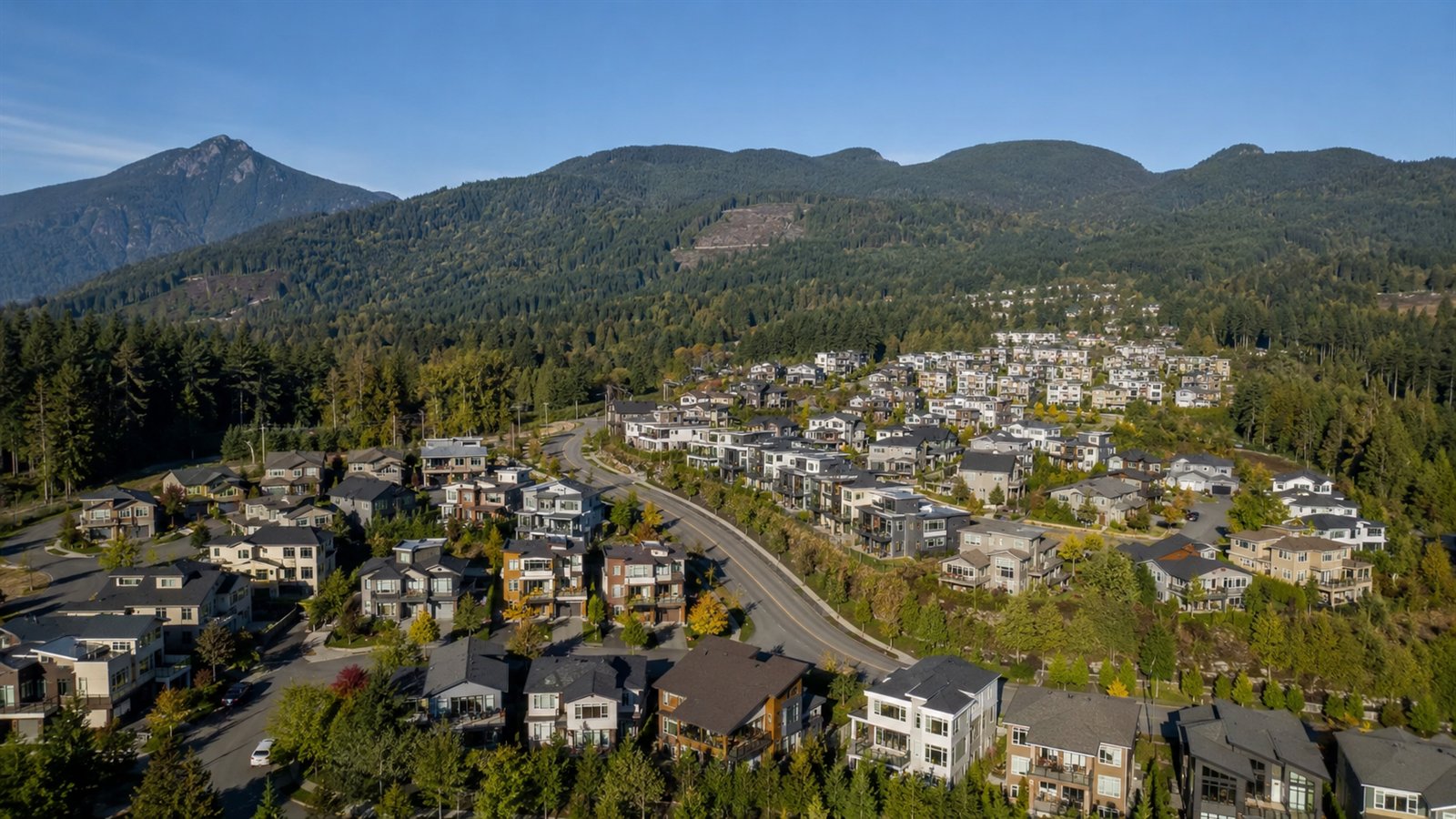 Aerial drone view of the Issaquah Highlands with the Cascade foothills behind