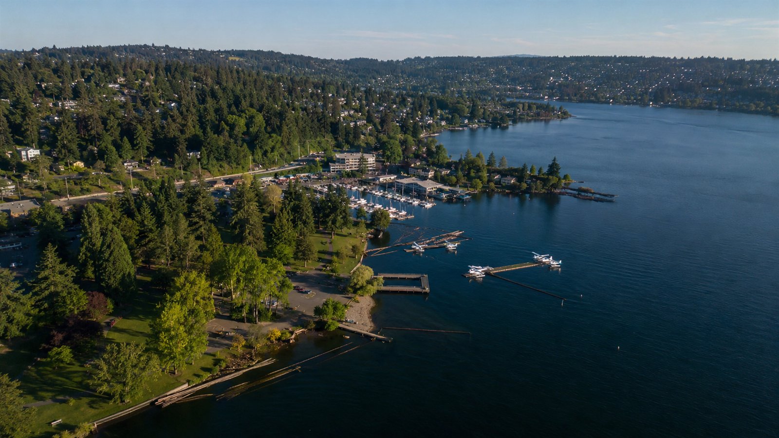 Aerial drone view of Kenmore at the north end of Lake Washington with Log Boom Park