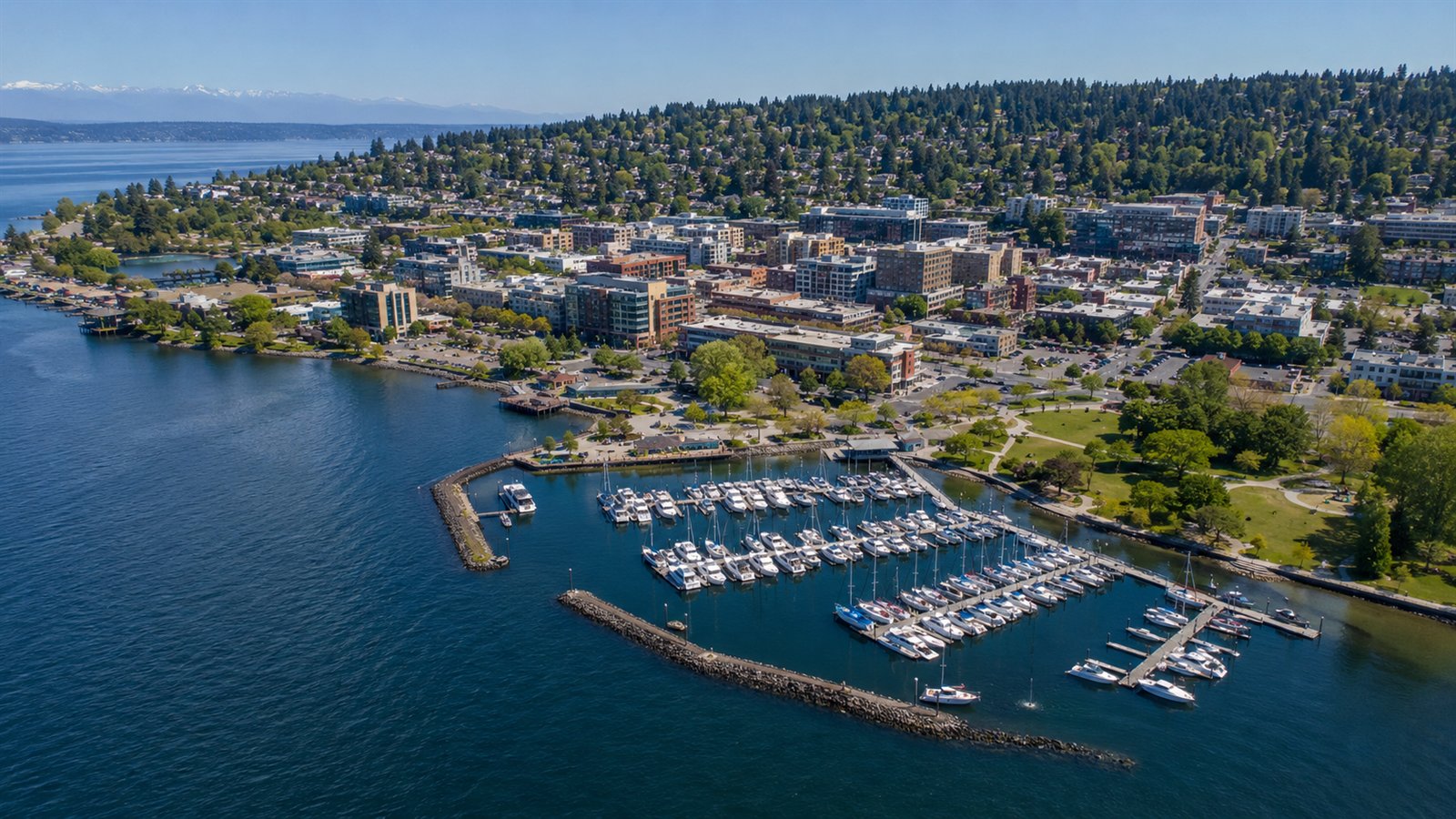 Aerial drone view of the Kirkland waterfront, Marina Park and Lake Washington