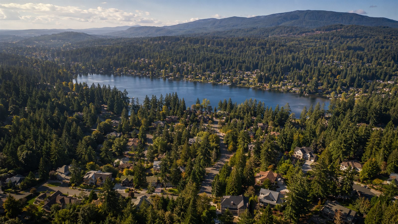 Aerial drone view of forested Maple Valley with Lake Wilderness
