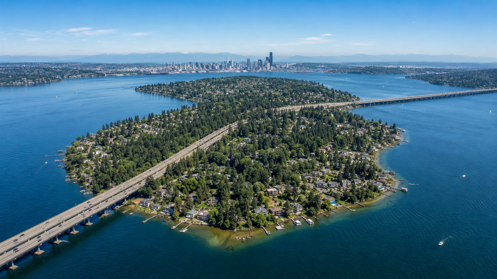 Aerial drone view of Mercer Island in Lake Washington with the Seattle skyline and I-90 bridges