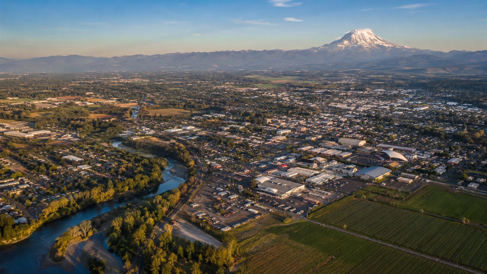 Aerial drone view of the Puyallup Valley and downtown with Mount Rainier in the distance