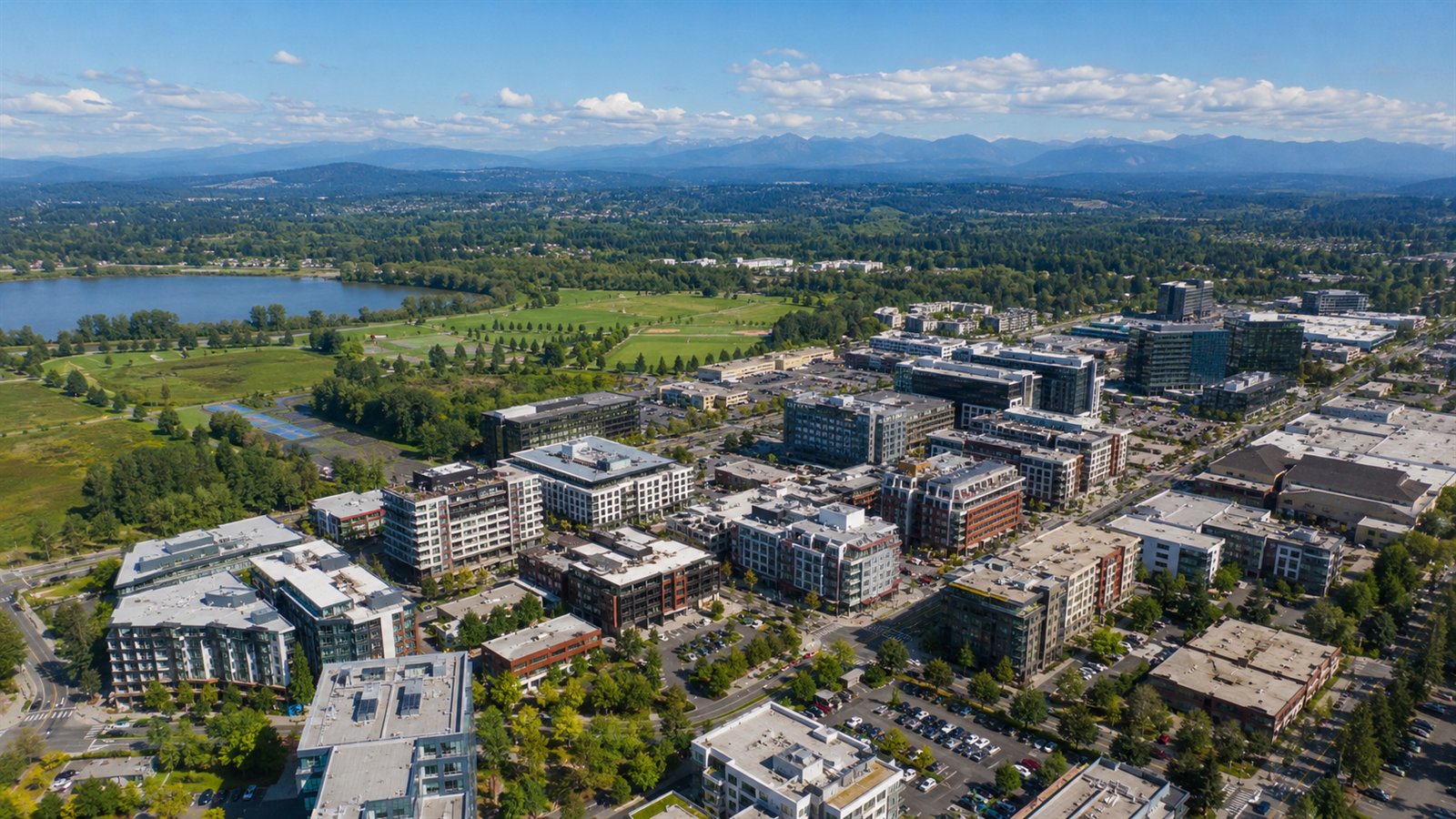 Aerial drone view of downtown Redmond and Marymoor Park with tech campuses