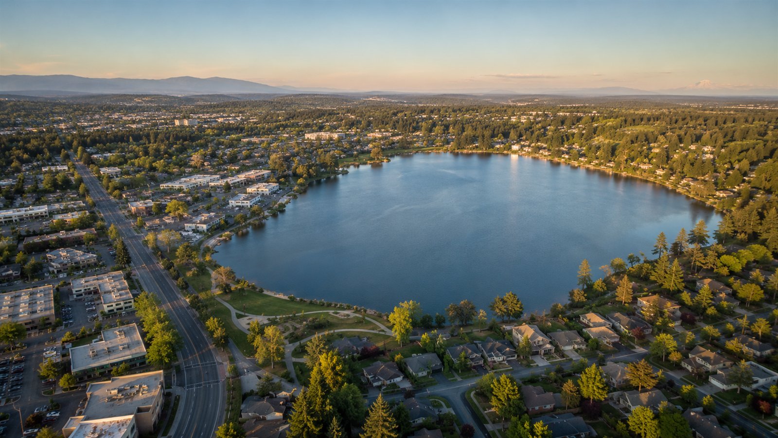 Aerial drone view of Angle Lake and the SeaTac cityscape