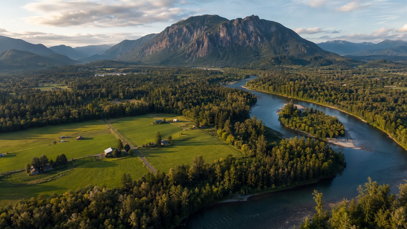 Aerial drone view of Snoqualmie Falls and the forested Cascade foothills