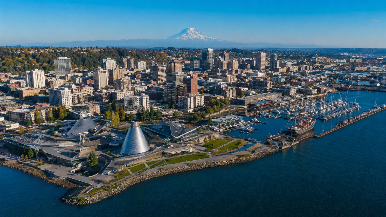 Aerial drone view of the downtown Tacoma waterfront and Museum District