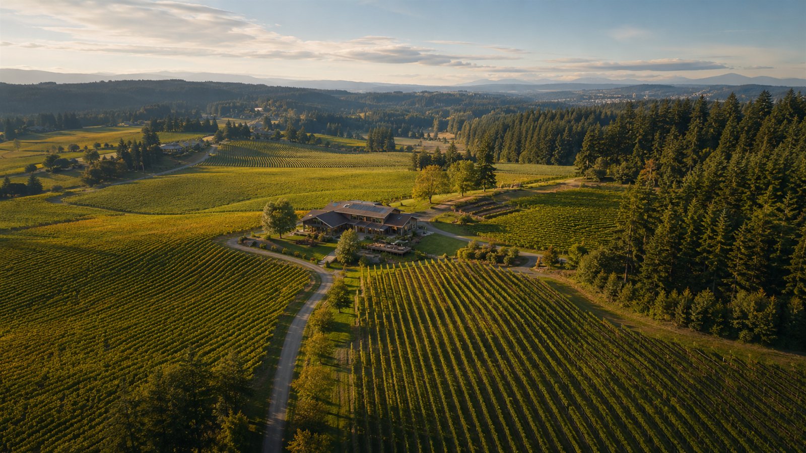 Aerial drone view of Woodinville wine country and vineyards in the Sammamish Valley