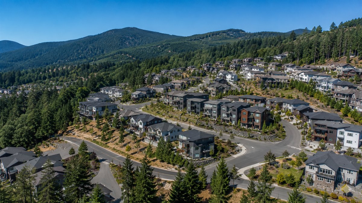 Aerial photo of the Issaquah Highlands with a mountain backdrop