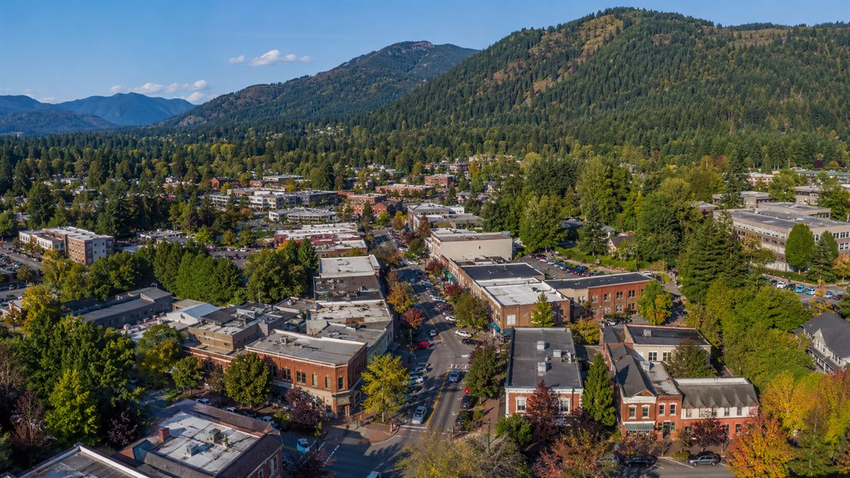 Aerial photo of downtown Issaquah and Front Street