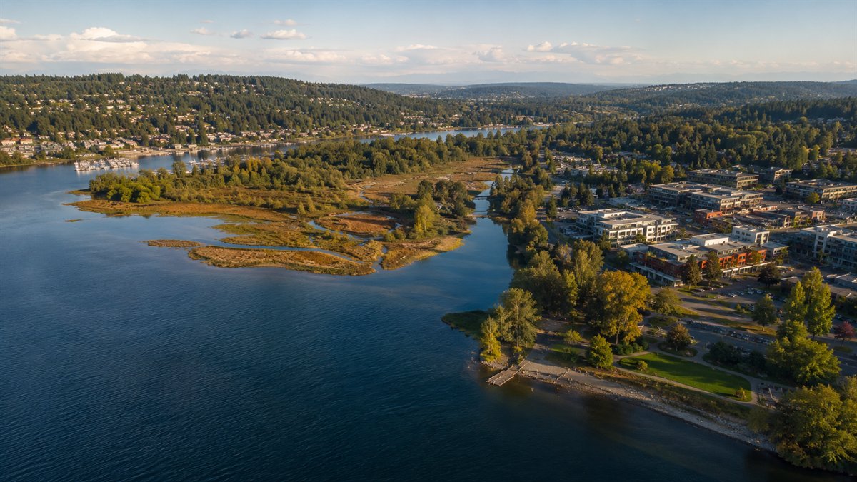 Aerial photo of the Sammamish River mouth and downtown Kenmore