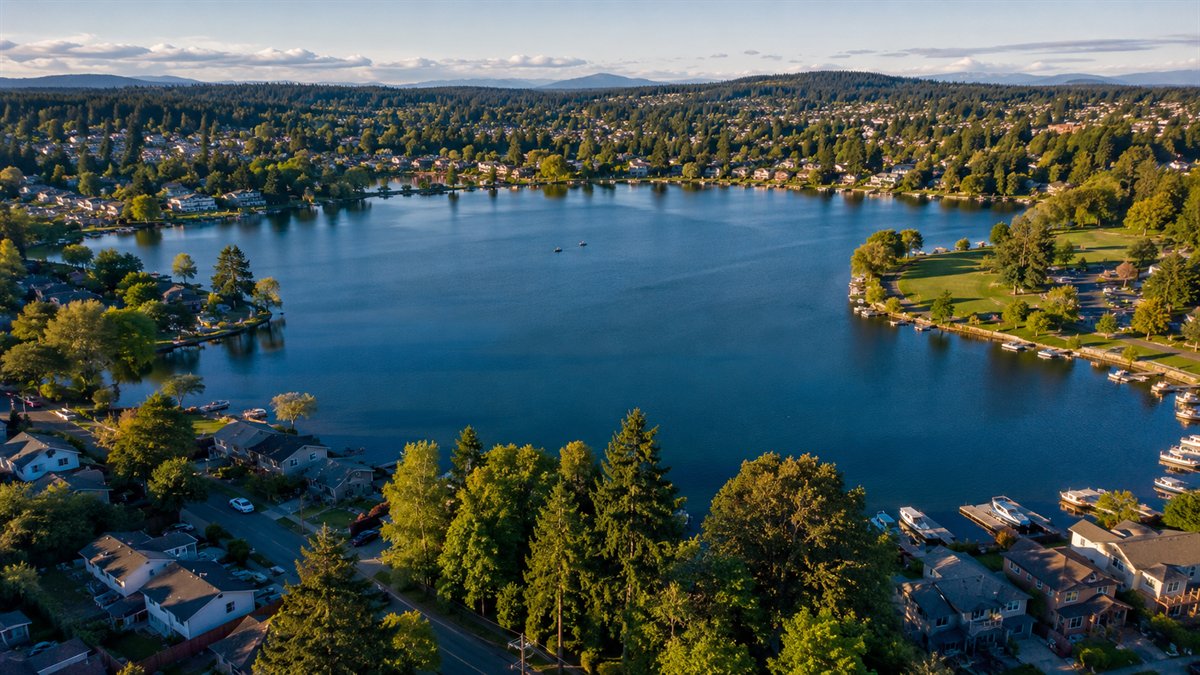Aerial photo of Lake Meridian and East Hill homes in Kent