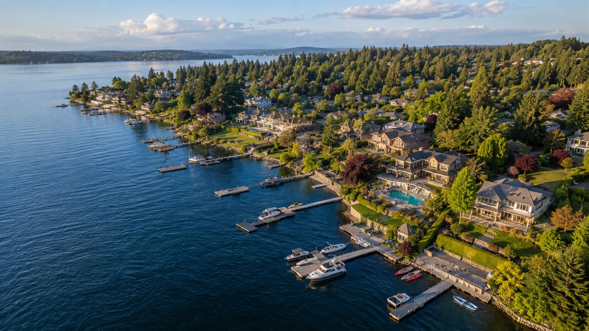 Aerial photo of Juanita Bay and Lake Washington waterfront homes in Kirkland