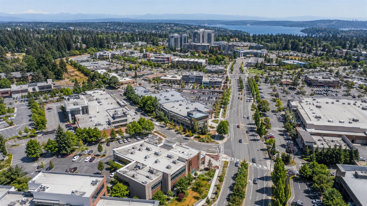 Aerial photo of the Totem Lake commercial district in Kirkland
