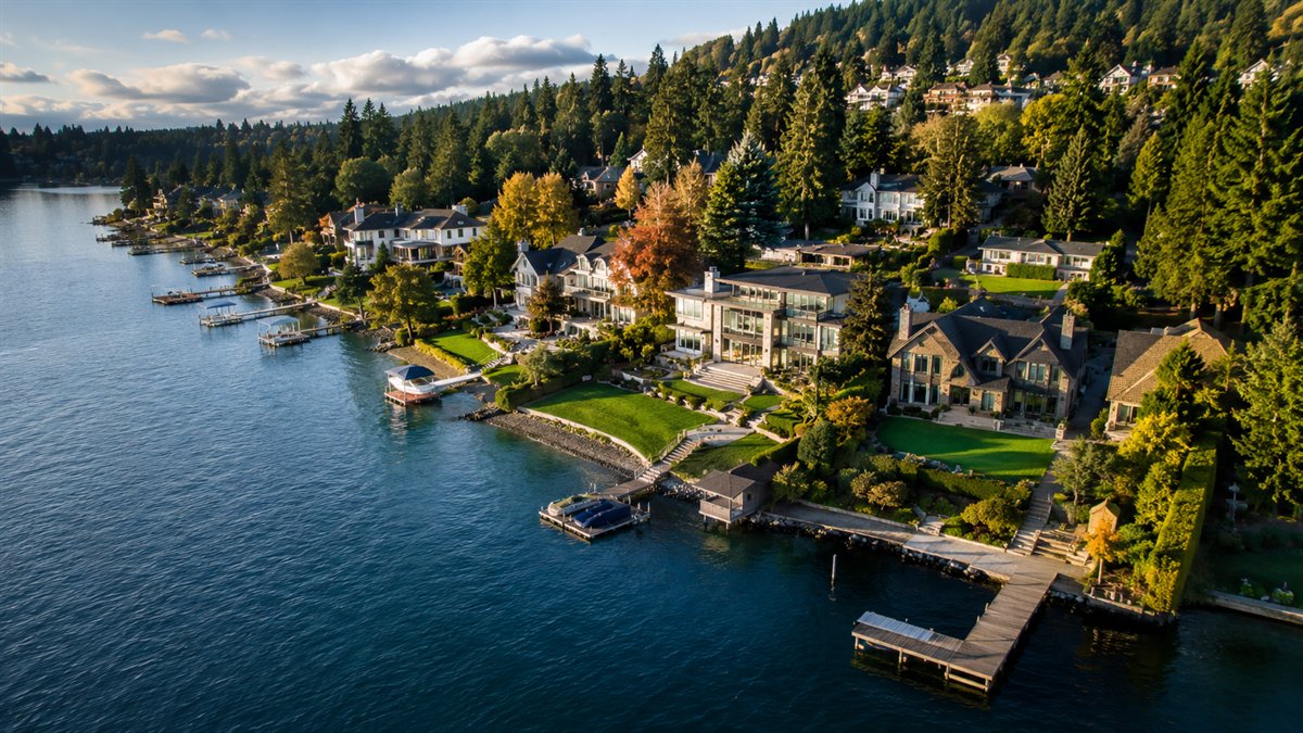 Aerial photo of Mercer Island waterfront estates and docks on Lake Washington