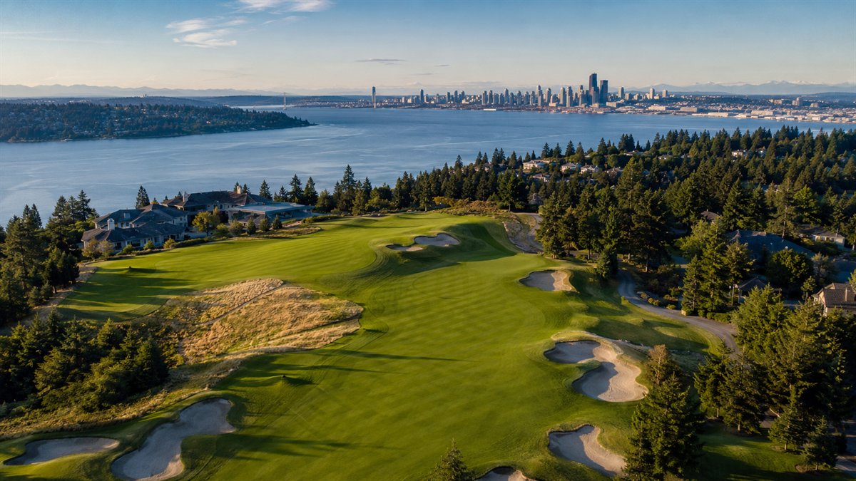 Aerial photo of The Golf Club at Newcastle with panoramic Seattle views