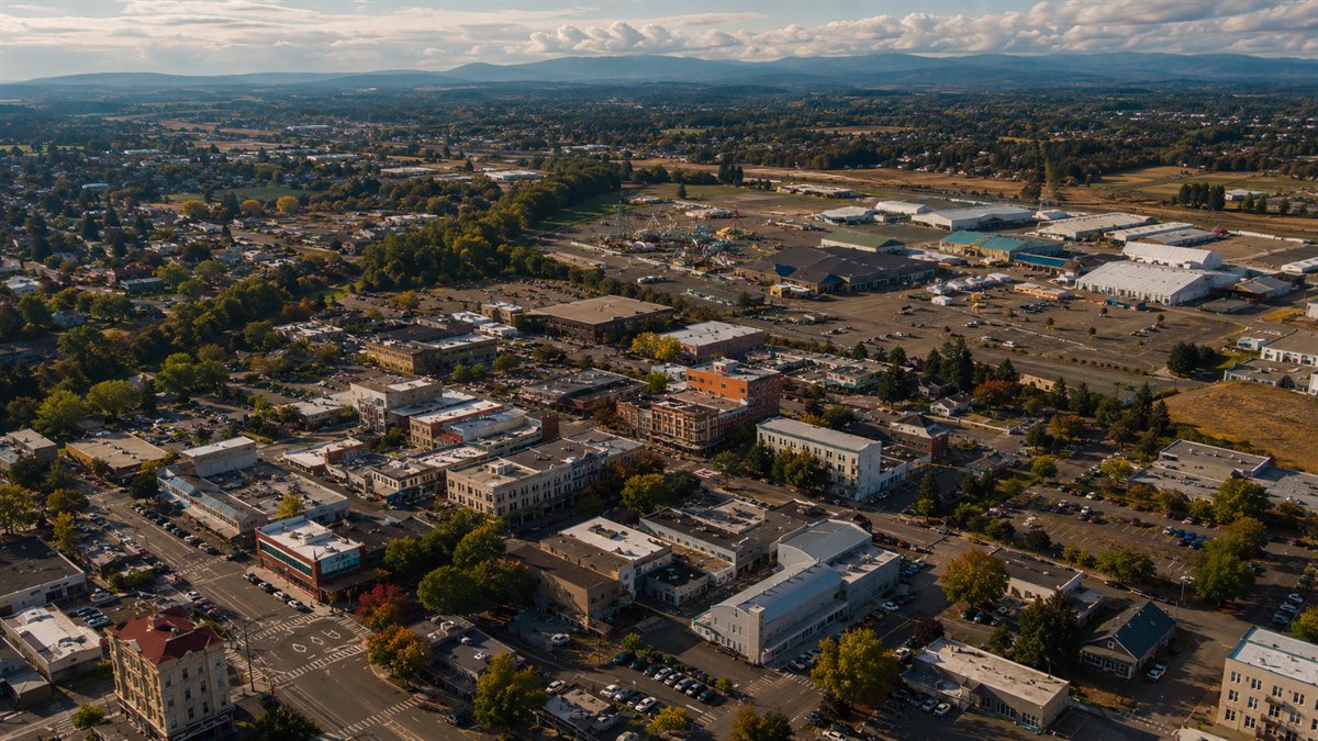 Aerial photo of downtown Puyallup and the Washington State Fairgrounds