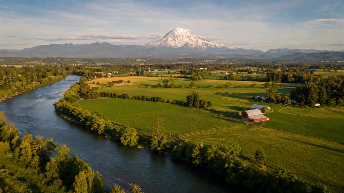 Aerial photo of Puyallup Valley farmland with Mount Rainier beyond