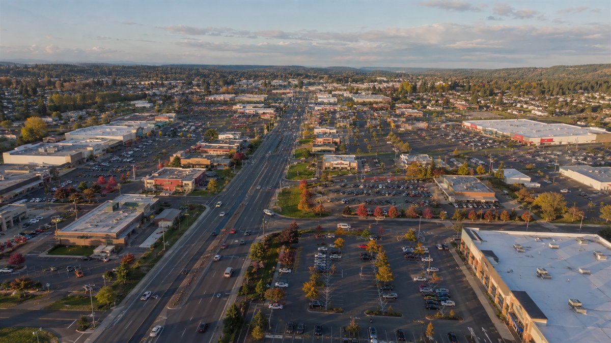 Aerial photo of the South Hill retail corridor in Puyallup