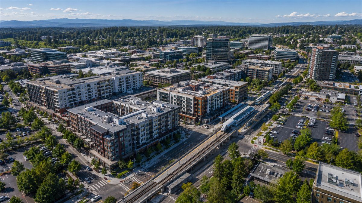 Aerial photo of downtown Redmond with new development and light rail