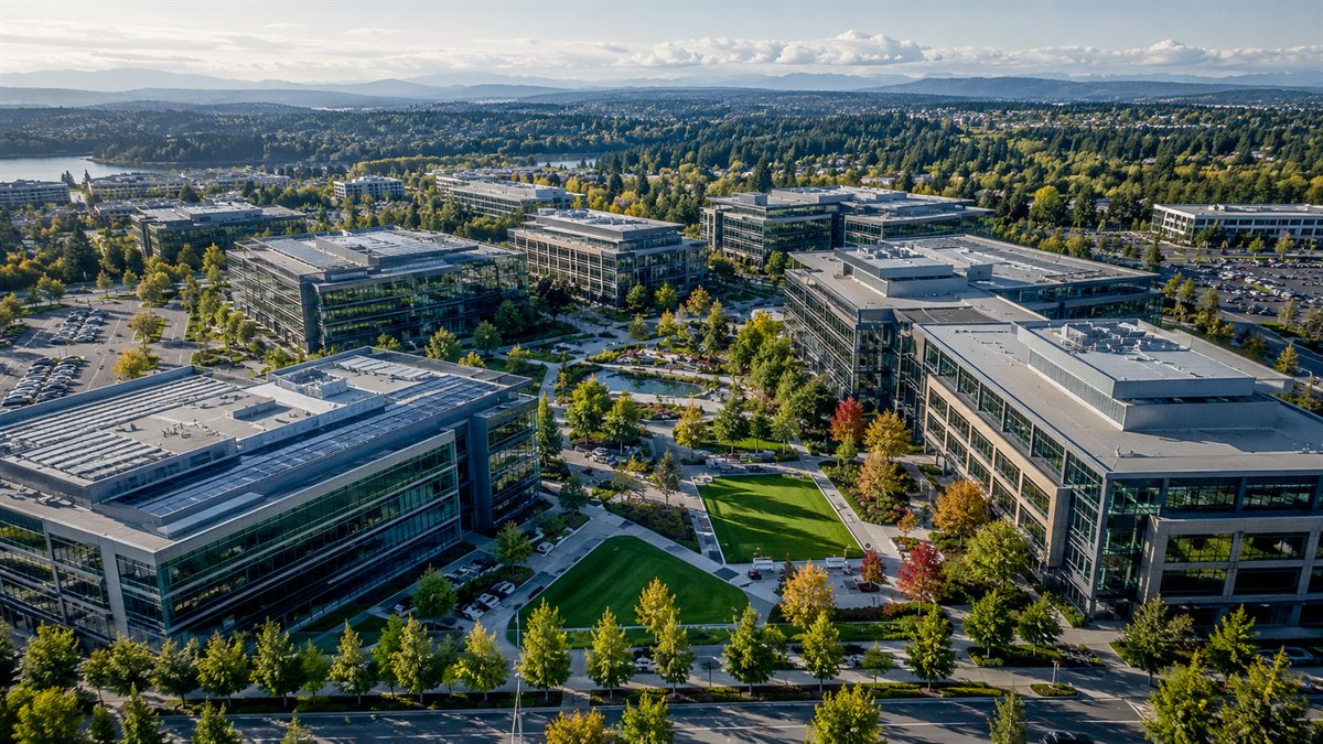 Aerial photo of a Redmond corporate tech campus