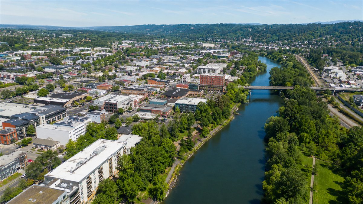 Aerial photo of downtown Renton and the Cedar River